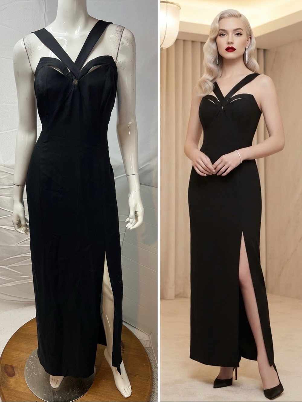 Vintage En Francais Women’s USA 12 Long Black Old Hollywood Glamour Dress Gown
